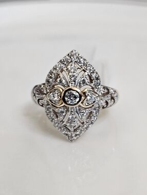 Vintage Victorian Style Diamond Ring 18k Yellow Gold Vermeil Size 7.5